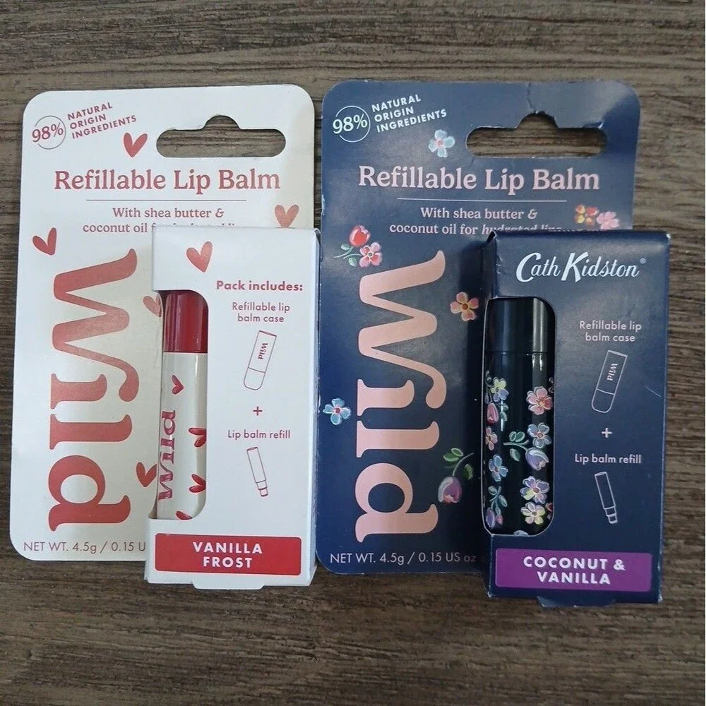 Lot of 2 Wild Refillable Lip Balm Cases & Refills Cath Kidston Hearts NIB